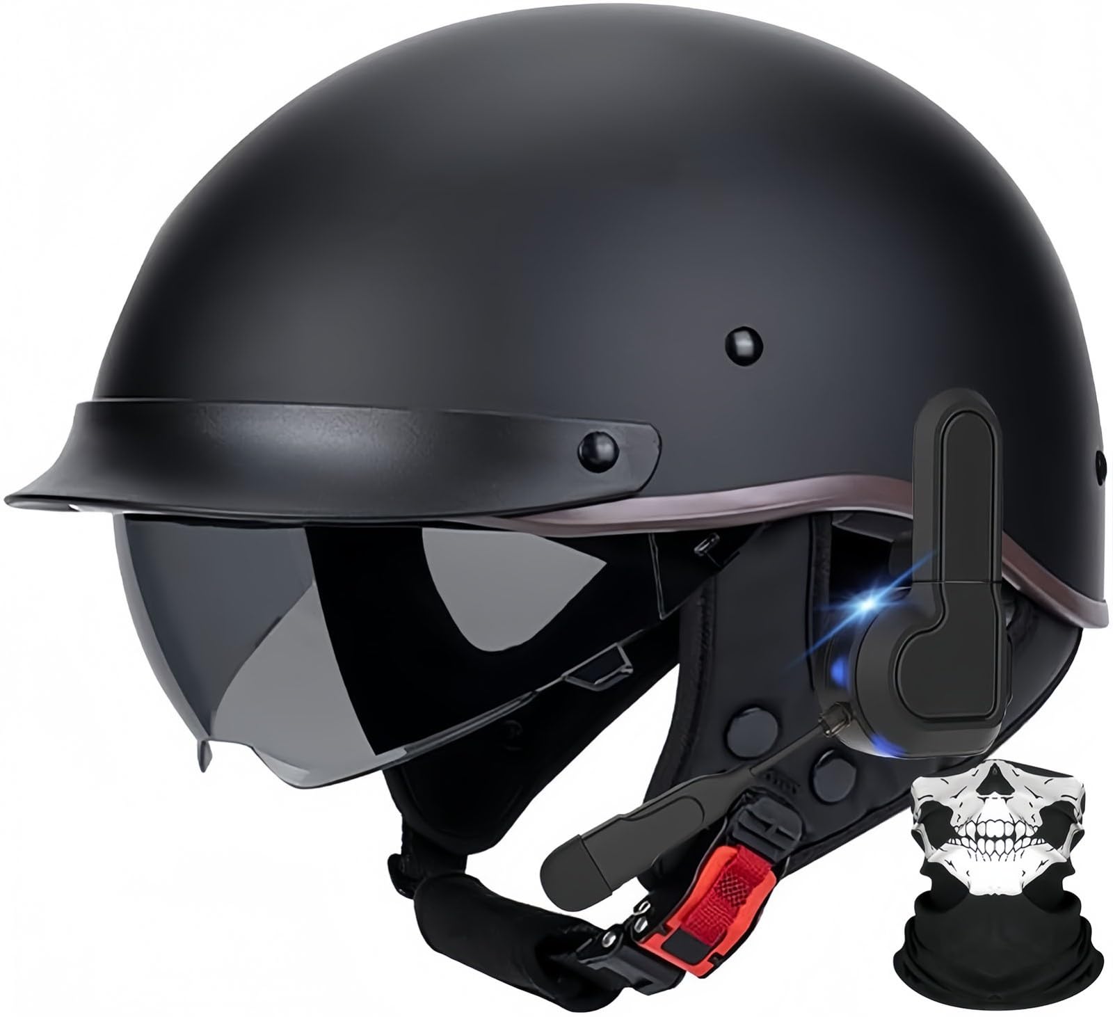 Bluetooth-Halbhelm Für Motorradfahrer Im Deutschen Stil, ECE-Zugelassener Retro-Jethelm Mit Schutzbrille, Straßen-Motorrad-Halbhelm Für Rollertouren, Unisex D,L58-59CM von BDBRHFG