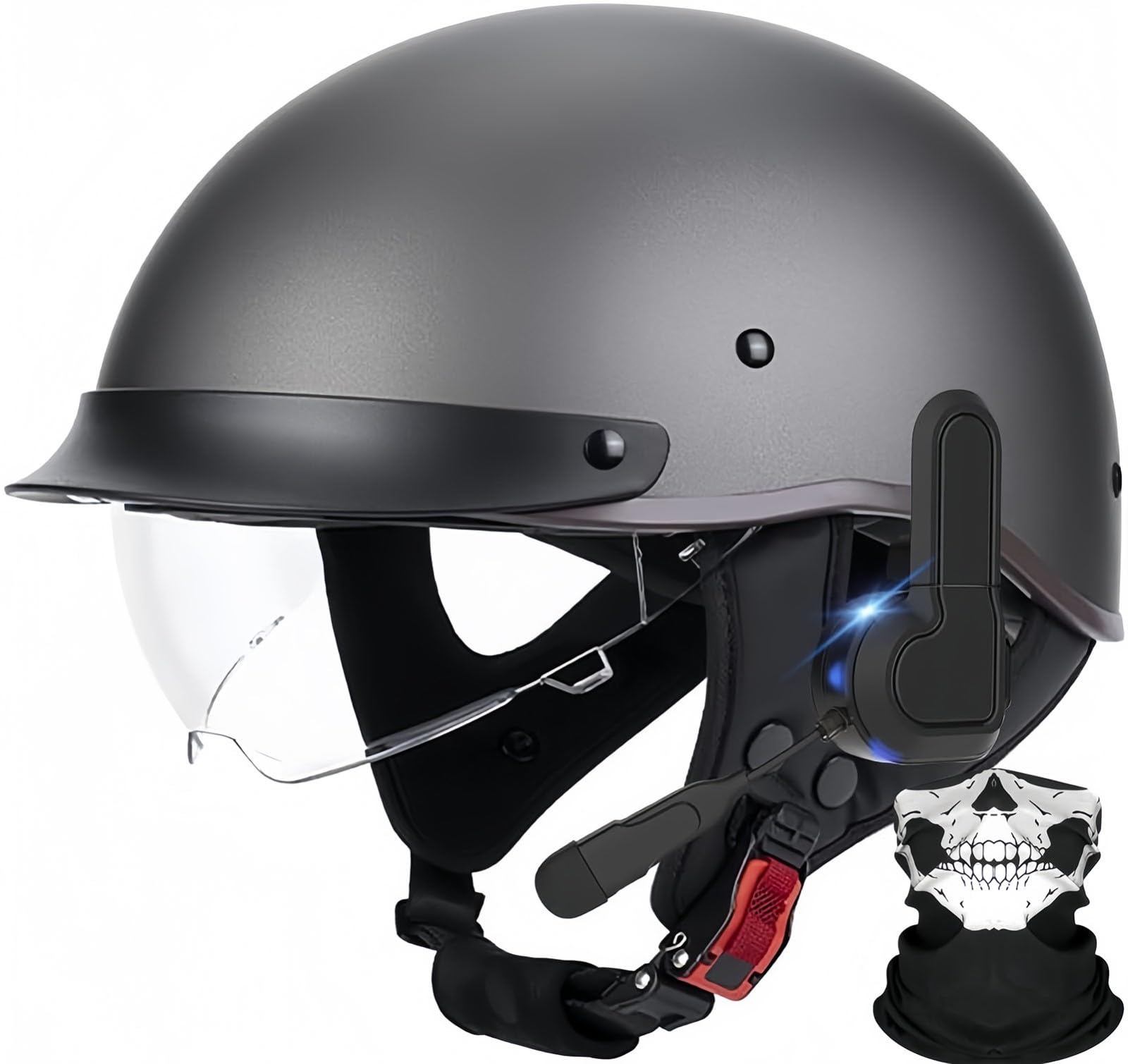 Bluetooth-Halbhelm Für Motorradfahrer Im Deutschen Stil, ECE-Zugelassener Retro-Jethelm Mit Schutzbrille, Straßen-Motorrad-Halbhelm Für Rollertouren, Unisex E,XL60-61CM von BDBRHFG