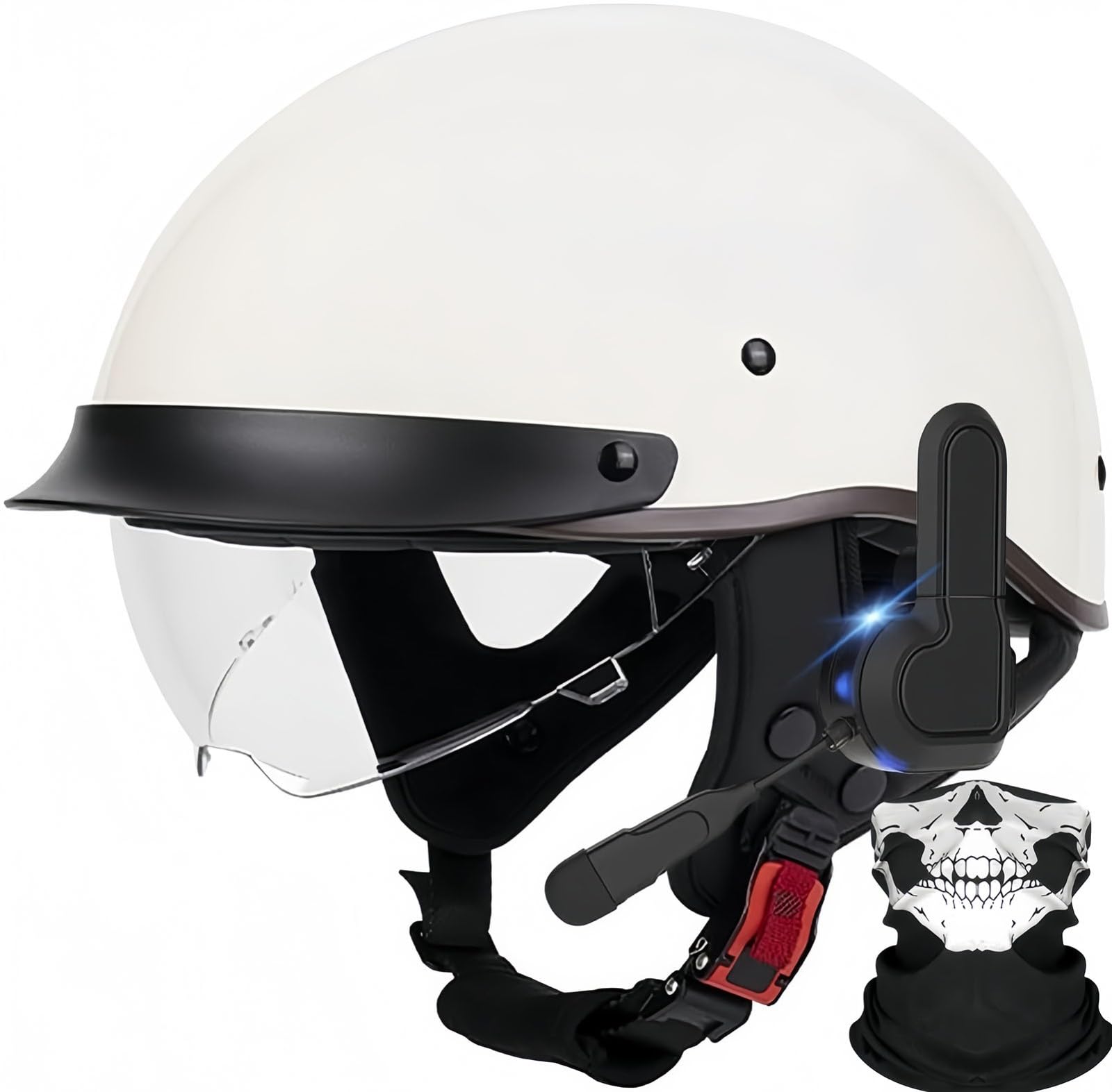 Bluetooth-Halbhelm Für Motorradfahrer Im Deutschen Stil, ECE-Zugelassener Retro-Jethelm Mit Schutzbrille, Straßen-Motorrad-Halbhelm Für Rollertouren, Unisex G,L58-59CM von BDBRHFG