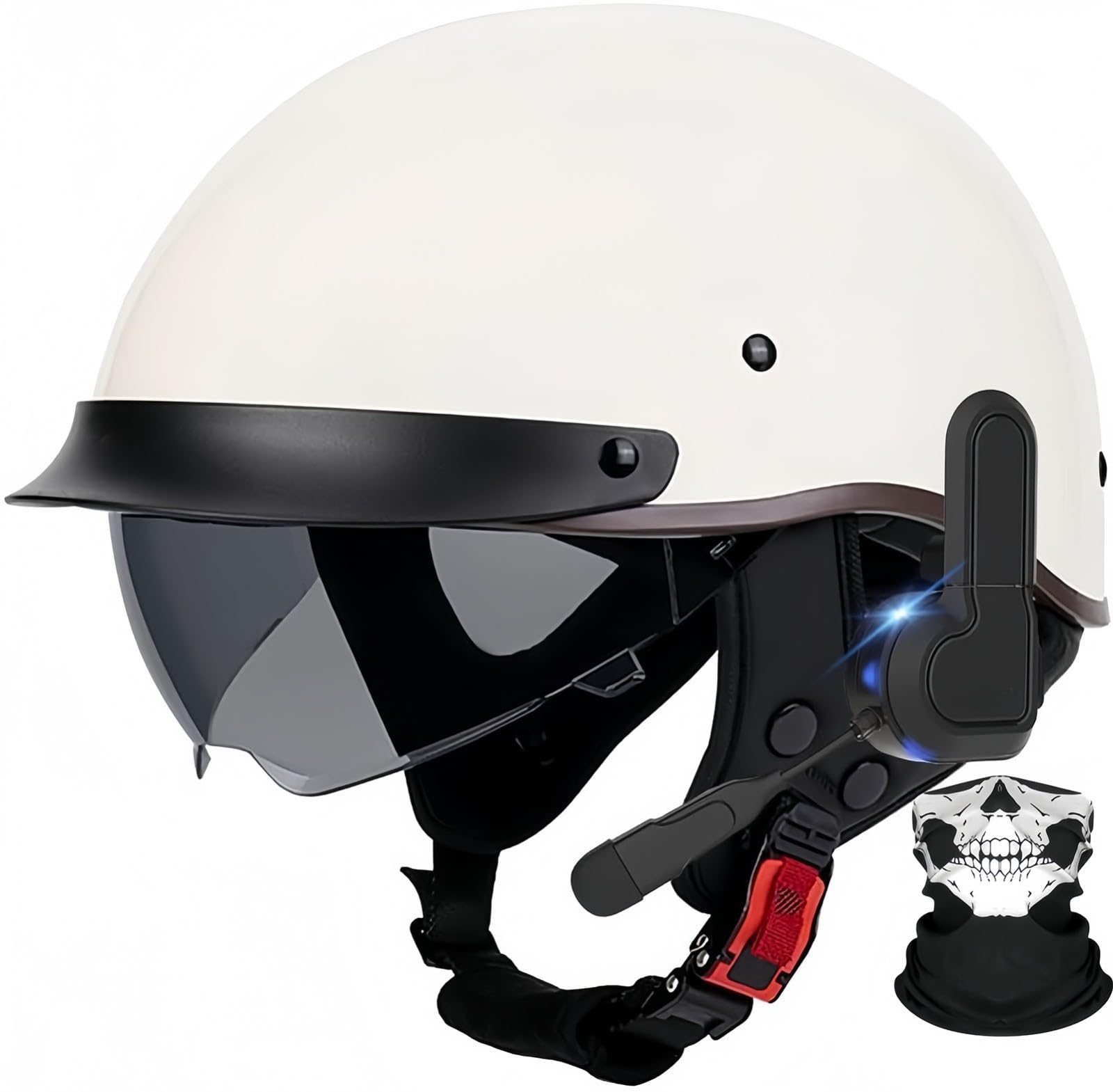 Bluetooth-Halbhelm Für Motorradfahrer Im Deutschen Stil, ECE-Zugelassener Retro-Jethelm Mit Schutzbrille, Straßen-Motorrad-Halbhelm Für Rollertouren, Unisex H,XL60-61CM von BDBRHFG