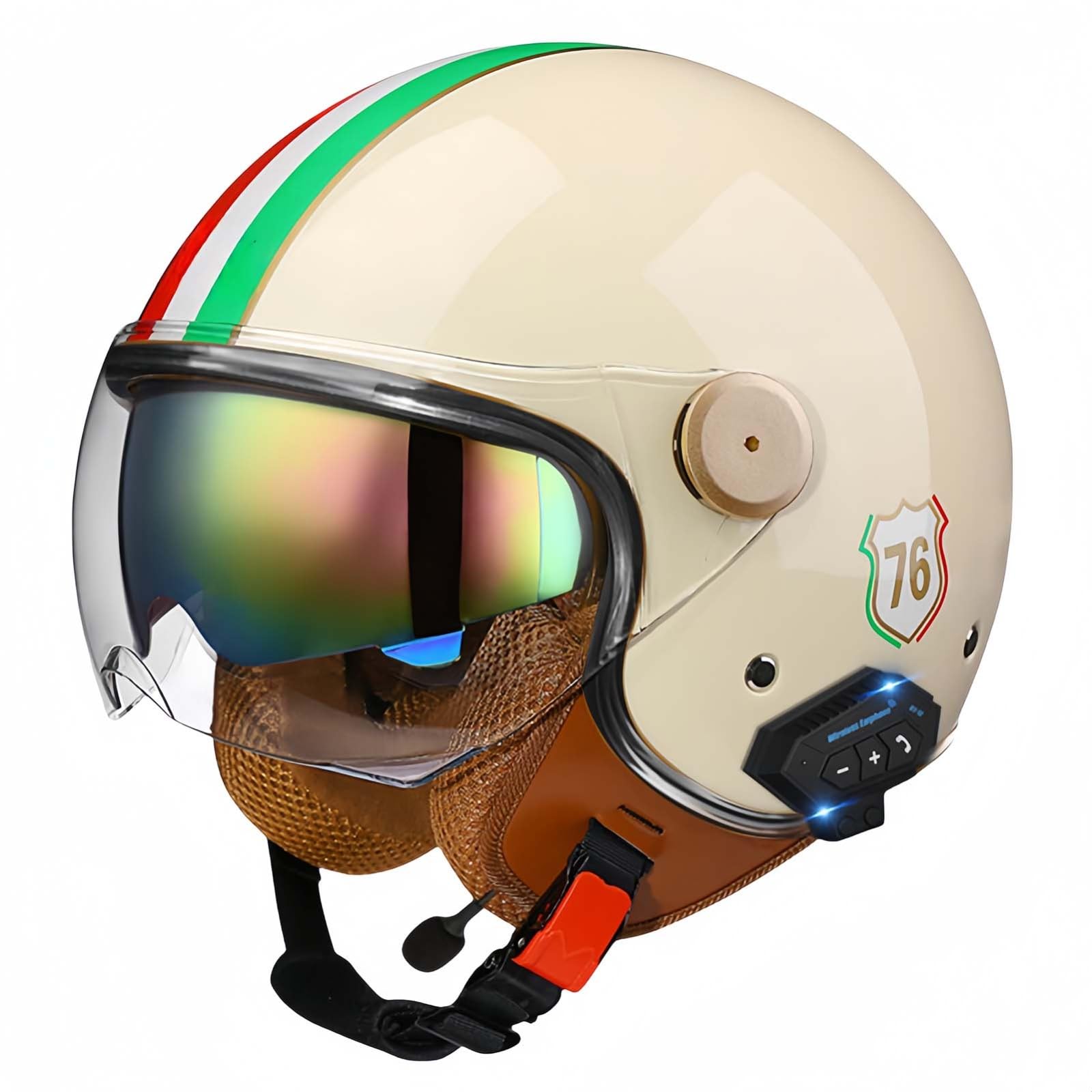 Bluetooth-Motorradhelm, Offenes Gesicht, Rollerhelm, Motocross-Helme Mit Visier, ECE-Zugelassene Motorradhelme Mit Integriertem Mikrofon Für Erwachsene, Männer Und Frauen C,M57-58CM von BDBRHFG