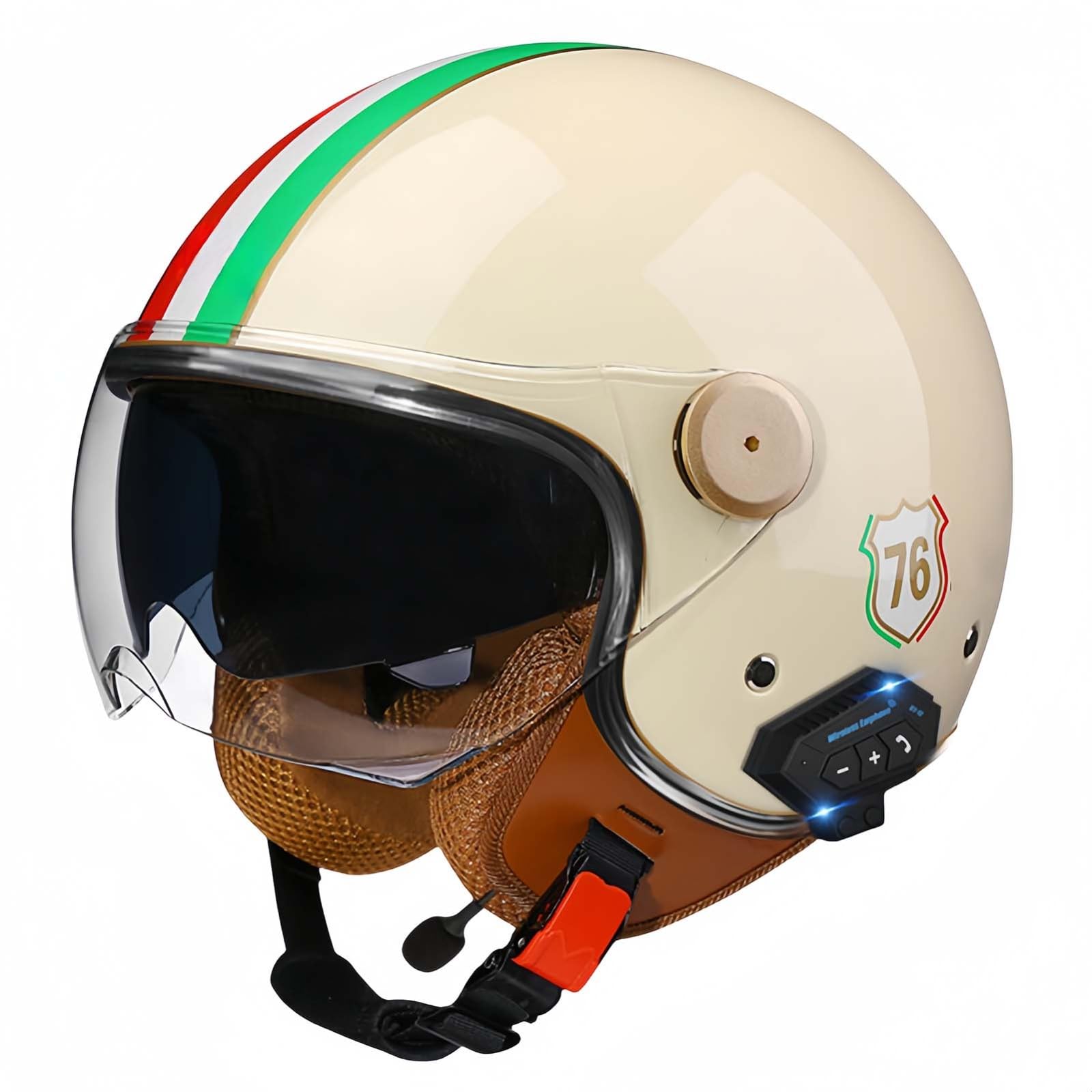 Bluetooth-Motorradhelm, Offenes Gesicht, Rollerhelm, Motocross-Helme Mit Visier, ECE-Zugelassene Motorradhelme Mit Integriertem Mikrofon Für Erwachsene, Männer Und Frauen D,L59-60CM von BDBRHFG