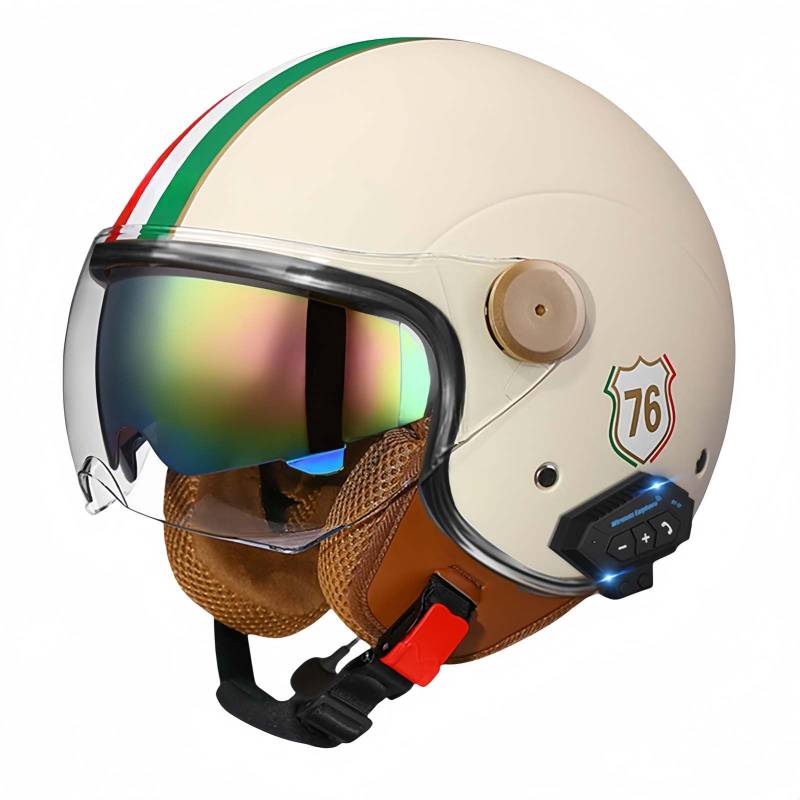 Bluetooth-Motorradhelm, Offenes Gesicht, Rollerhelm, Motocross-Helme Mit Visier, ECE-Zugelassene Motorradhelme Mit Integriertem Mikrofon Für Erwachsene, Männer Und Frauen O,L59-60CM von BDBRHFG