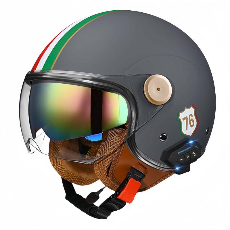 Bluetooth-Motorradhelm, Offenes Gesicht, Rollerhelm, Motocross-Helme Mit Visier, ECE-Zugelassene Motorradhelme Mit Integriertem Mikrofon Für Erwachsene, Männer Und Frauen R,L59-60CM von BDBRHFG