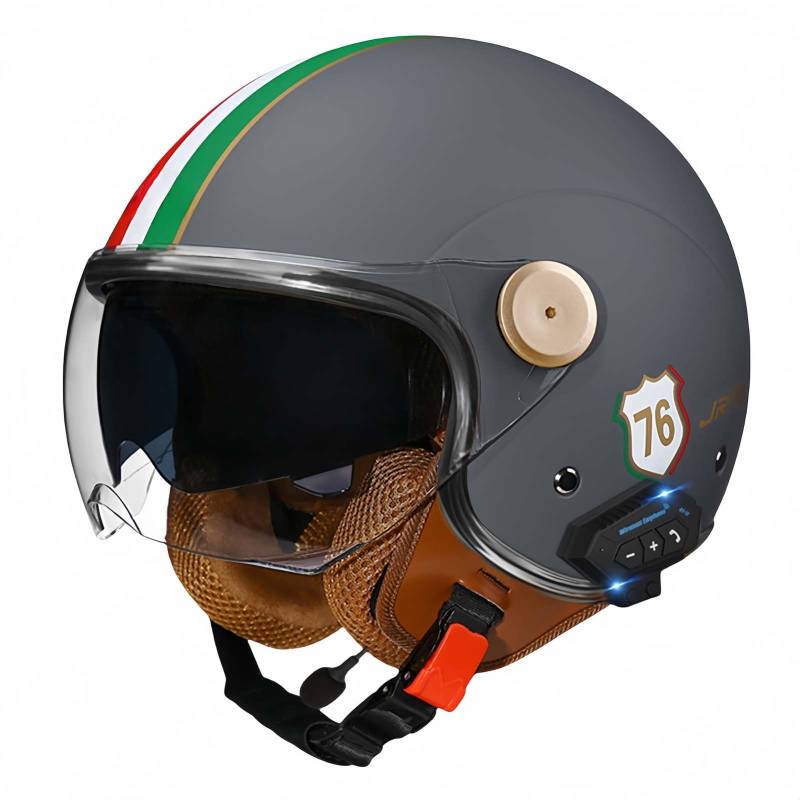 Bluetooth-Motorradhelm, Offenes Gesicht, Rollerhelm, Motocross-Helme Mit Visier, ECE-Zugelassene Motorradhelme Mit Integriertem Mikrofon Für Erwachsene, Männer Und Frauen T,L59-60CM von BDBRHFG