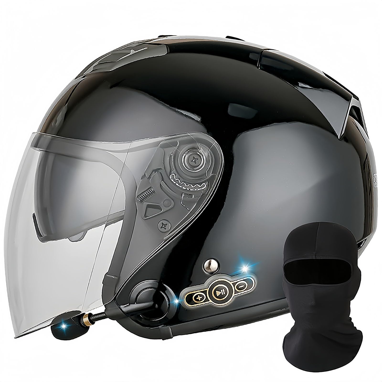 Bluetooth-Motorradhelm Mit Offenem Gesicht, DOT/ECE-Zugelassener Jet-Halbmotorradhelm Mit Visier, Mofa-Crash-Moped-Roller-Helm, Chopper Cruiser Pilot, Rennkappe, Unisex D,L 59-60 cm von BDBRHFG