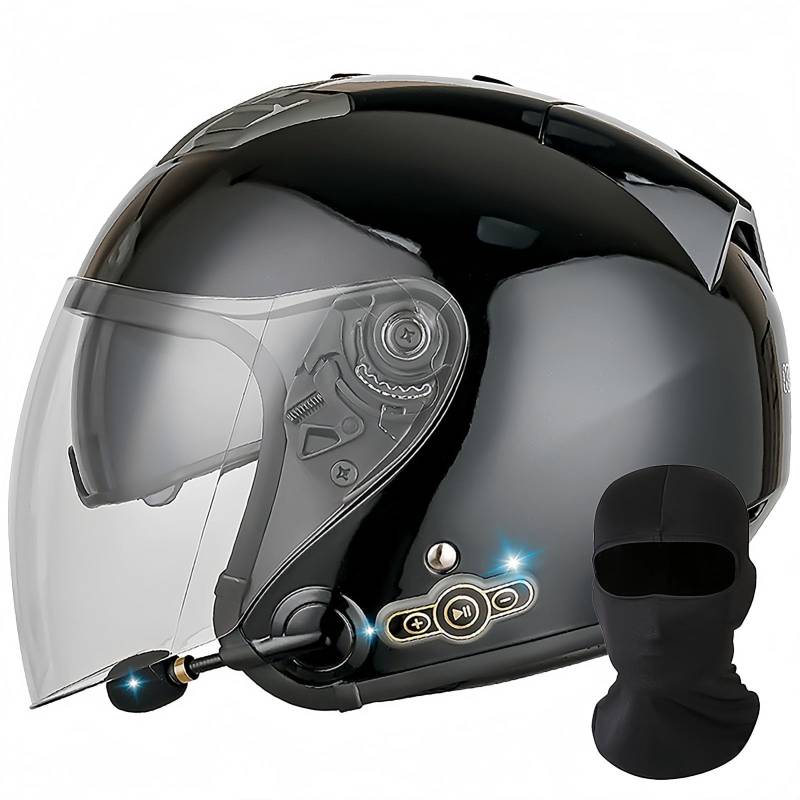 Bluetooth-Motorradhelm Mit Offenem Gesicht, DOT/ECE-Zugelassener Jet-Halbmotorradhelm Mit Visier, Mofa-Crash-Moped-Roller-Helm, Chopper Cruiser Pilot, Rennkappe, Unisex D,L 59-60 cm von BDBRHFG