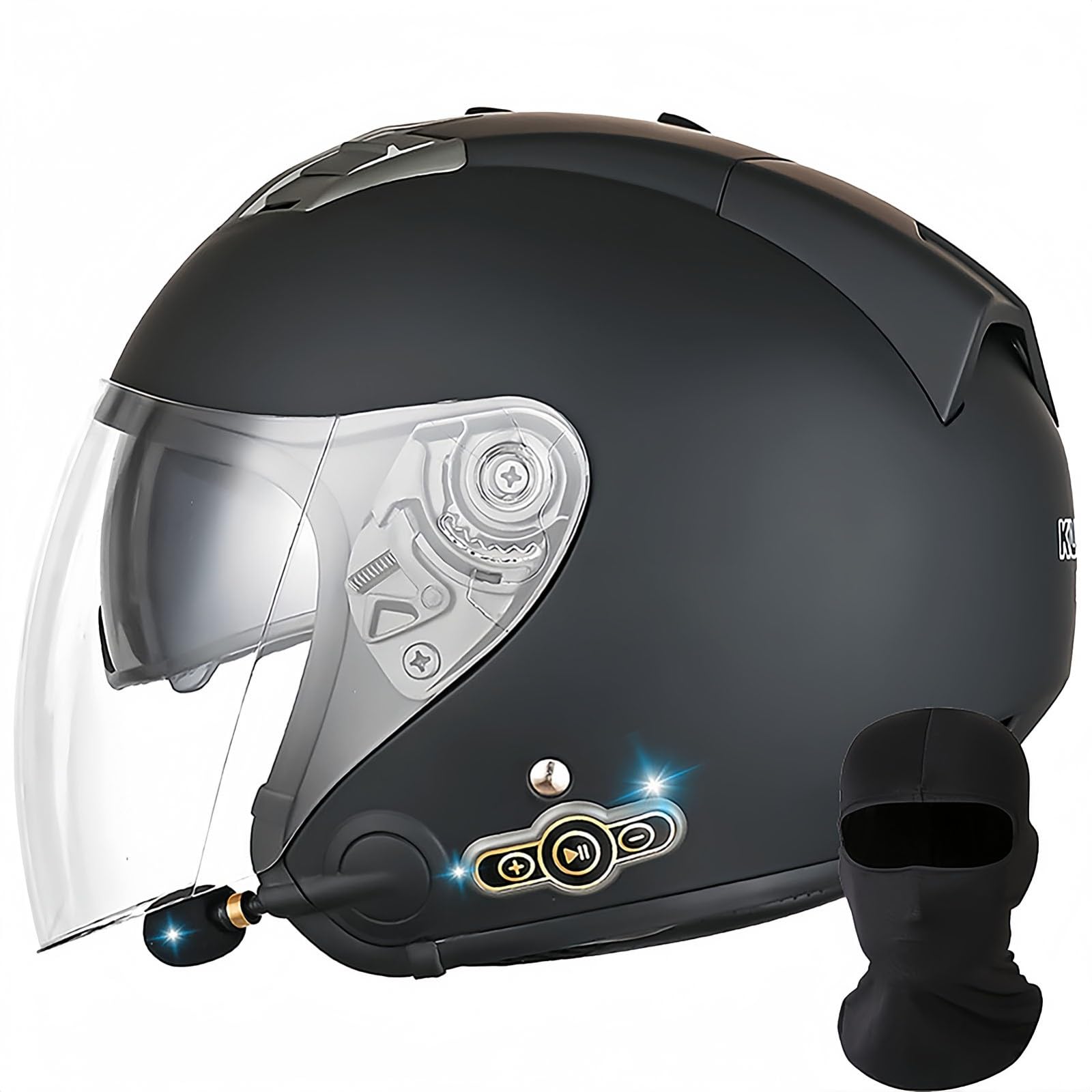 Bluetooth-Motorradhelm Mit Offenem Gesicht, DOT/ECE-Zugelassener Jet-Halbmotorradhelm Mit Visier, Mofa-Crash-Moped-Roller-Helm, Chopper Cruiser Pilot, Rennkappe, Unisex F,XL 61-62 cm von BDBRHFG