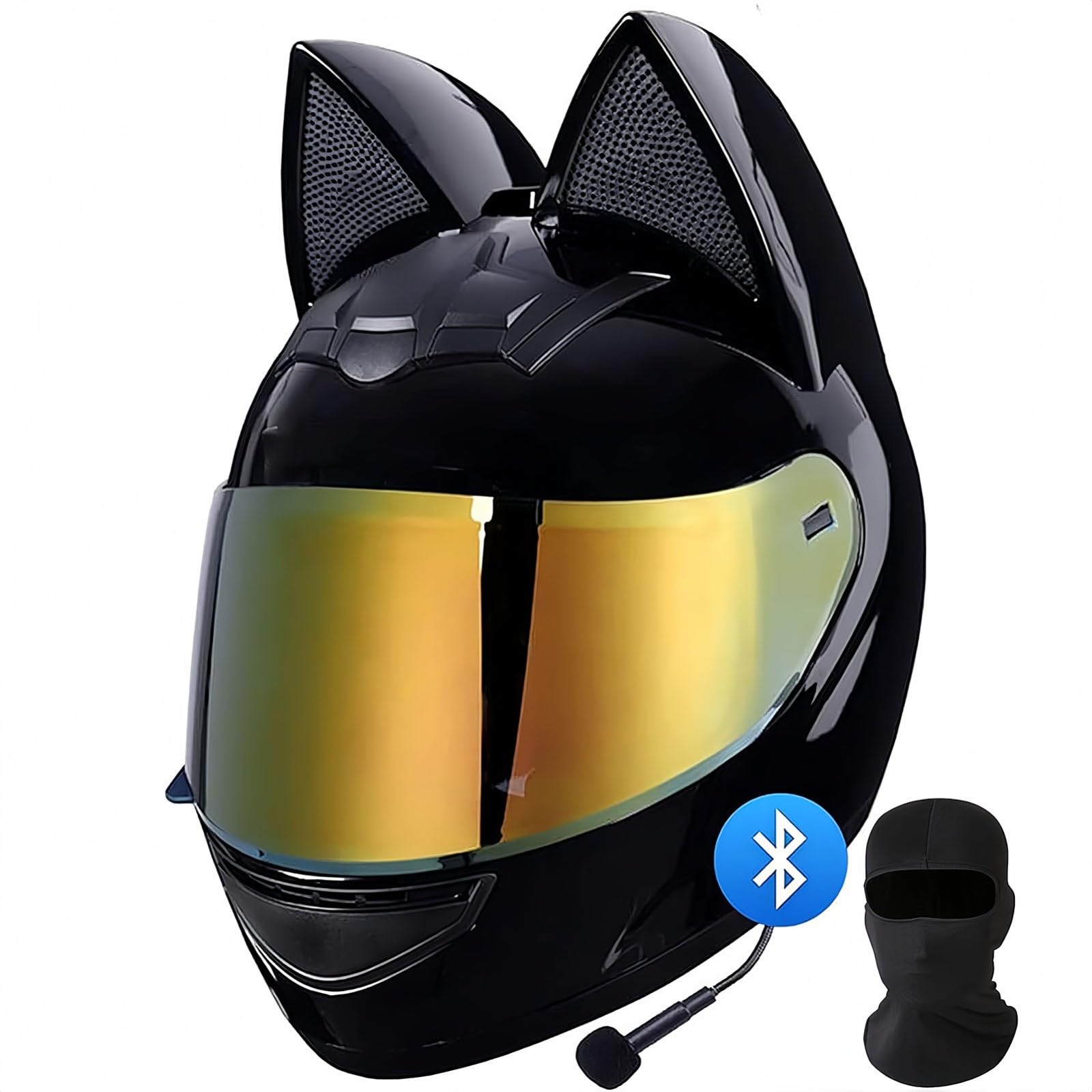 Damen-Katzenohr-Integralhelm,DOT/ECE-Zertifizierter Integral-Motorradhelm, Vergoldete Brille, Vollständig Herausnehmbares Und Waschbares Innenfutter Motorradhelm A,M54-56CM von BDBRHFG