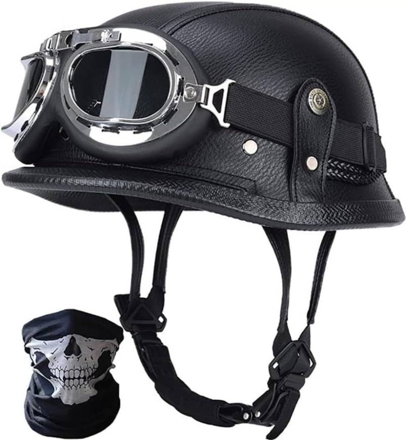 Deutsche Motorrad Jethelm ECE-Zertifizierung, Vintage Halbhelme Halbschalenhelm Mit Schutzbrille Chopper Helm Für Cruiser Street Scooter Mit Schnellverschlusss B,L57-60CM von BDBRHFG