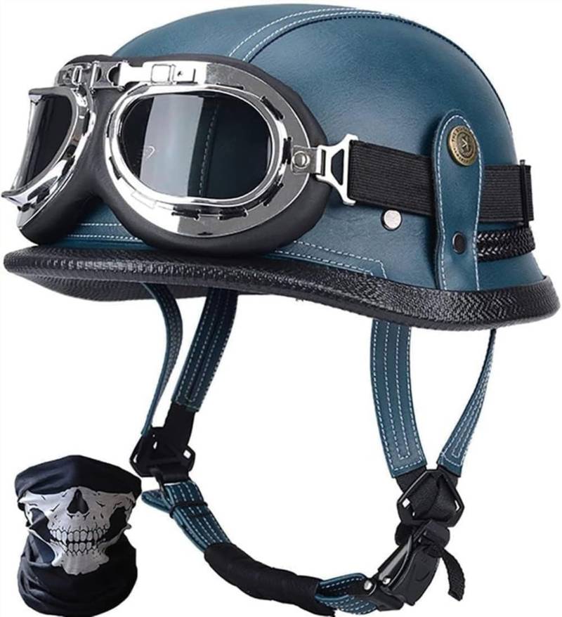 Deutsche Motorrad Jethelm ECE-Zertifizierung, Vintage Halbhelme Halbschalenhelm Mit Schutzbrille Chopper Helm Für Cruiser Street Scooter Mit Schnellverschlusss D,L57-60CM von BDBRHFG