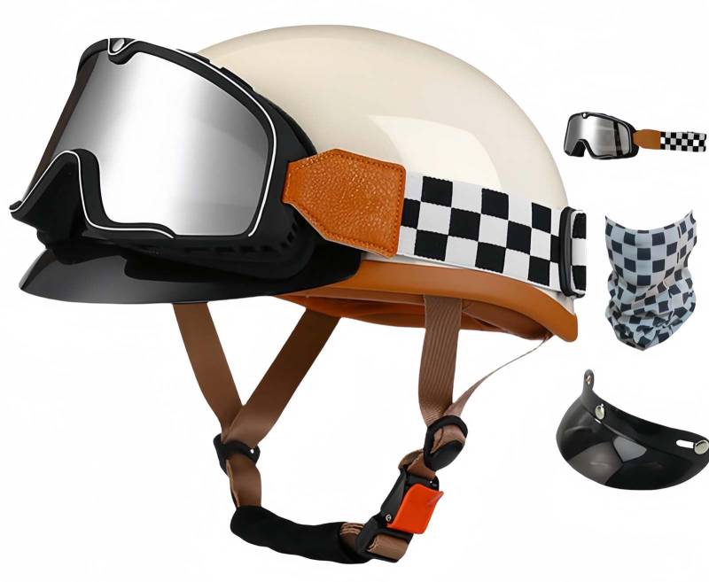 Deutscher Helm Halboffener Vintage Offener Motorradhelm Halbhelm ECE-Zertifizierung Helm Mit Sonnenbrille Für Mopeds Helm-Schnellverschlussschnallen I,L57-58CM von BDBRHFG