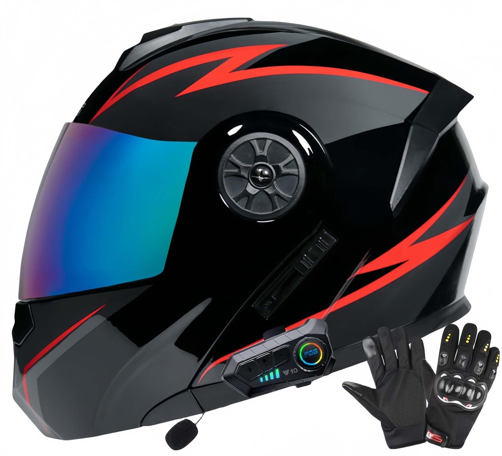 ECE-Zugelassene Motorrad-Bluetooth-Helme Für Erwachsene, Doppelvisierhelme, Integrierter Doppellautsprecher Mit Mikrofon, Für Erwachsene Männer Und Frauen N,L59-60CM von BDBRHFG