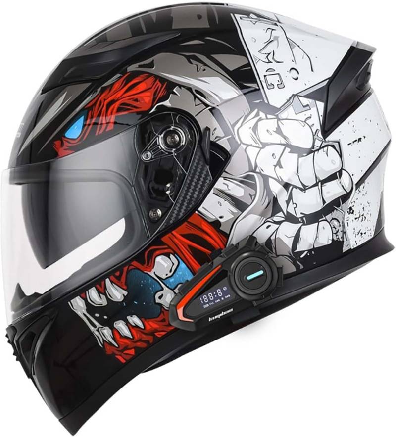 Integralhelm, Motorrad-Bluetooth-Helm ECE-Geprüft, Hochbeständige Schale, Atmungsaktiv Und Bequem Für Erwachsene, Damen Und Herren Mit Doppelvisier D,L59-60CM von BDBRHFG