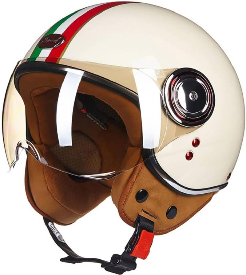 Motorrad-Halbhelm Mit Sonnenschutz-Schnellverschlussgurt, Halbgesichtspassform, Widerstandsfähiger, Atmungsaktiver Sicherheits-Retro-Halbhelm, Mopedhelm Für Cruiser, ECE-Geprüft B,L58-59CM von BDBRHFG