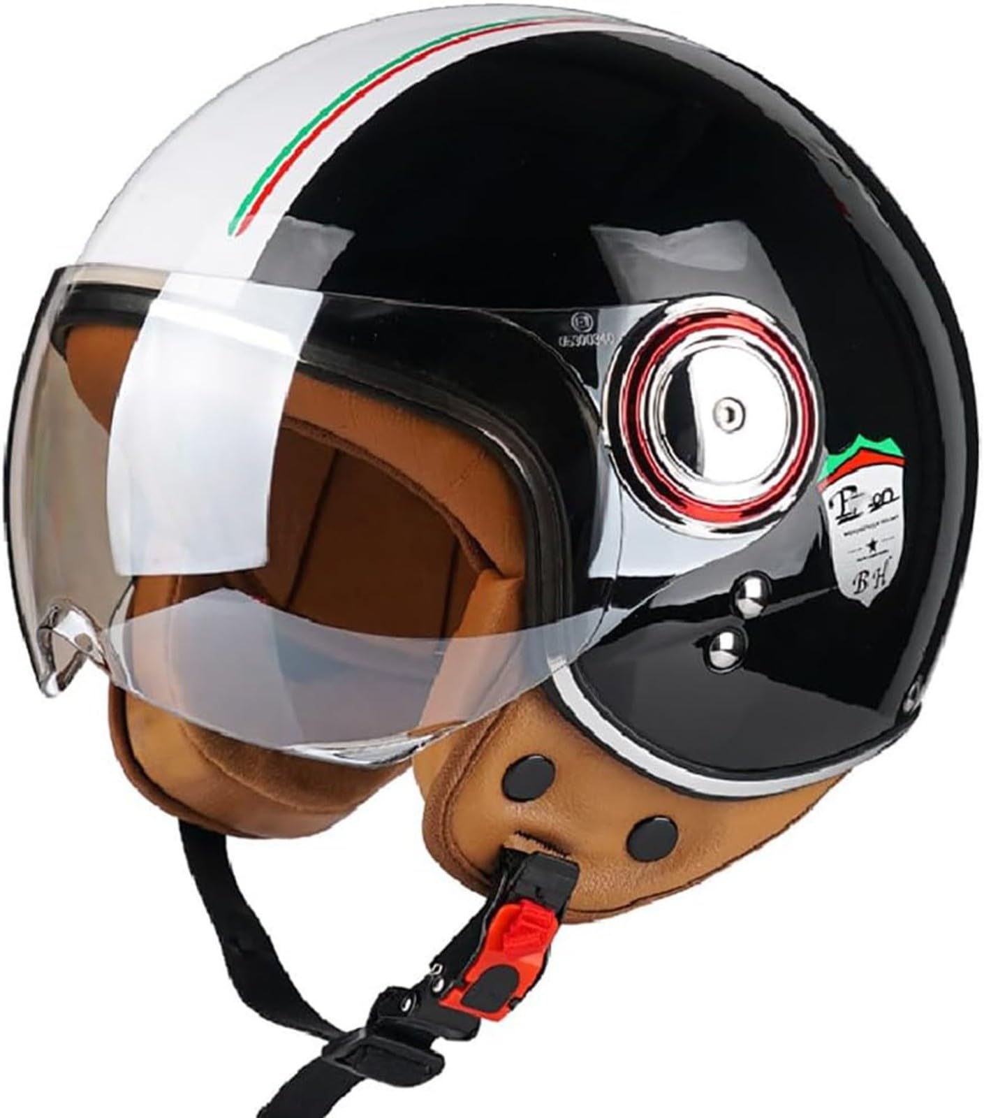 Motorrad-Halbhelm Mit Sonnenschutz-Schnellverschlussgurt, Halbgesichtspassform, Widerstandsfähiger, Atmungsaktiver Sicherheits-Retro-Halbhelm, Mopedhelm Für Cruiser, ECE-Geprüft C,L58-59CM von BDBRHFG