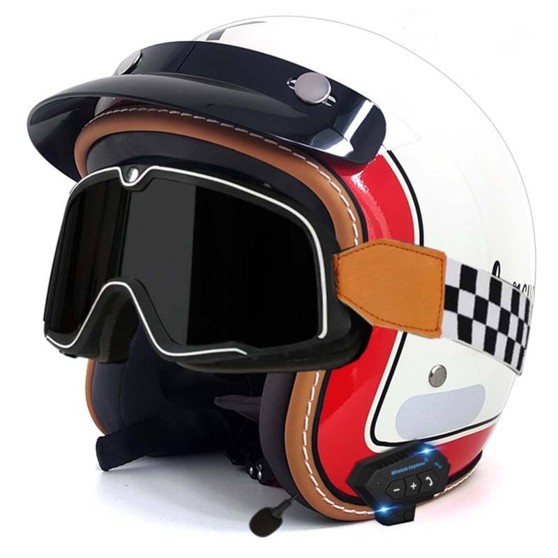 Open-Face-Helm Für Erwachsene, Bluetooth-Halbhelm, Leichter, Atmungsaktiver Retro-Scooter-Helm Mit Schnalle, DOT/ECE-Zulassung Für Männer Und Frauen A,S55-56CM von BDBRHFG