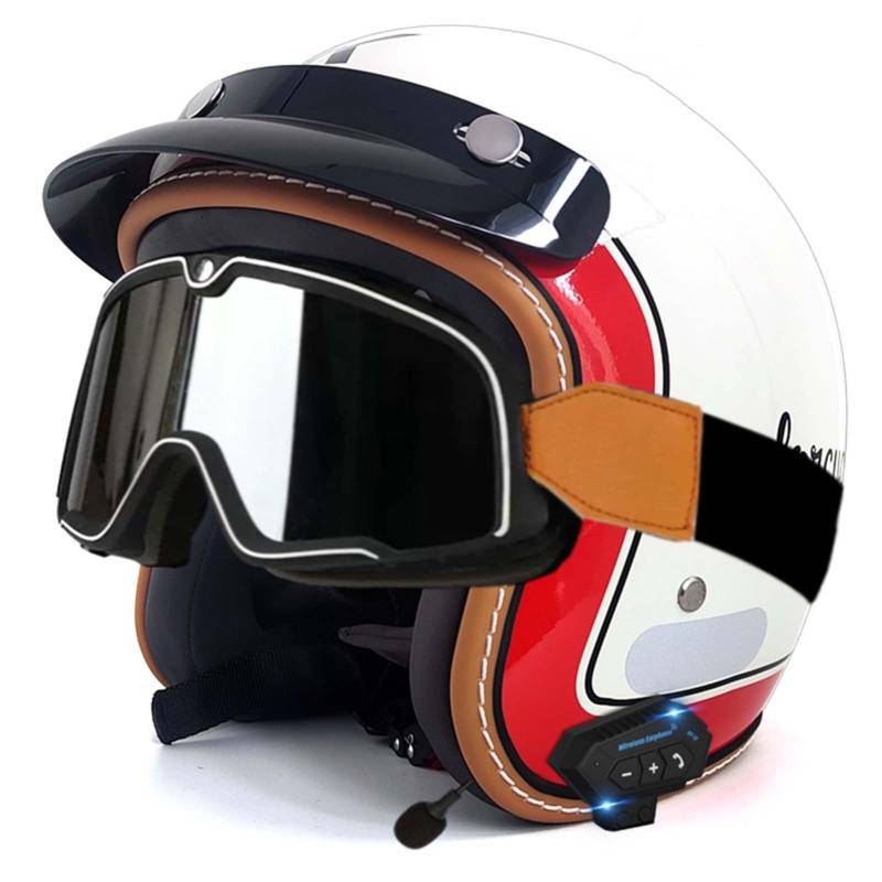 Open-Face-Helm Für Erwachsene, Bluetooth-Halbhelm, Leichter, Atmungsaktiver Retro-Scooter-Helm Mit Schnalle, DOT/ECE-Zulassung Für Männer Und Frauen B,L59-60CM von BDBRHFG