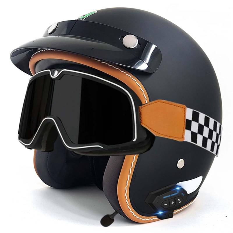 Open-Face-Helm Für Erwachsene, Bluetooth-Halbhelm, Leichter, Atmungsaktiver Retro-Scooter-Helm Mit Schnalle, DOT/ECE-Zulassung Für Männer Und Frauen C,L59-60CM von BDBRHFG