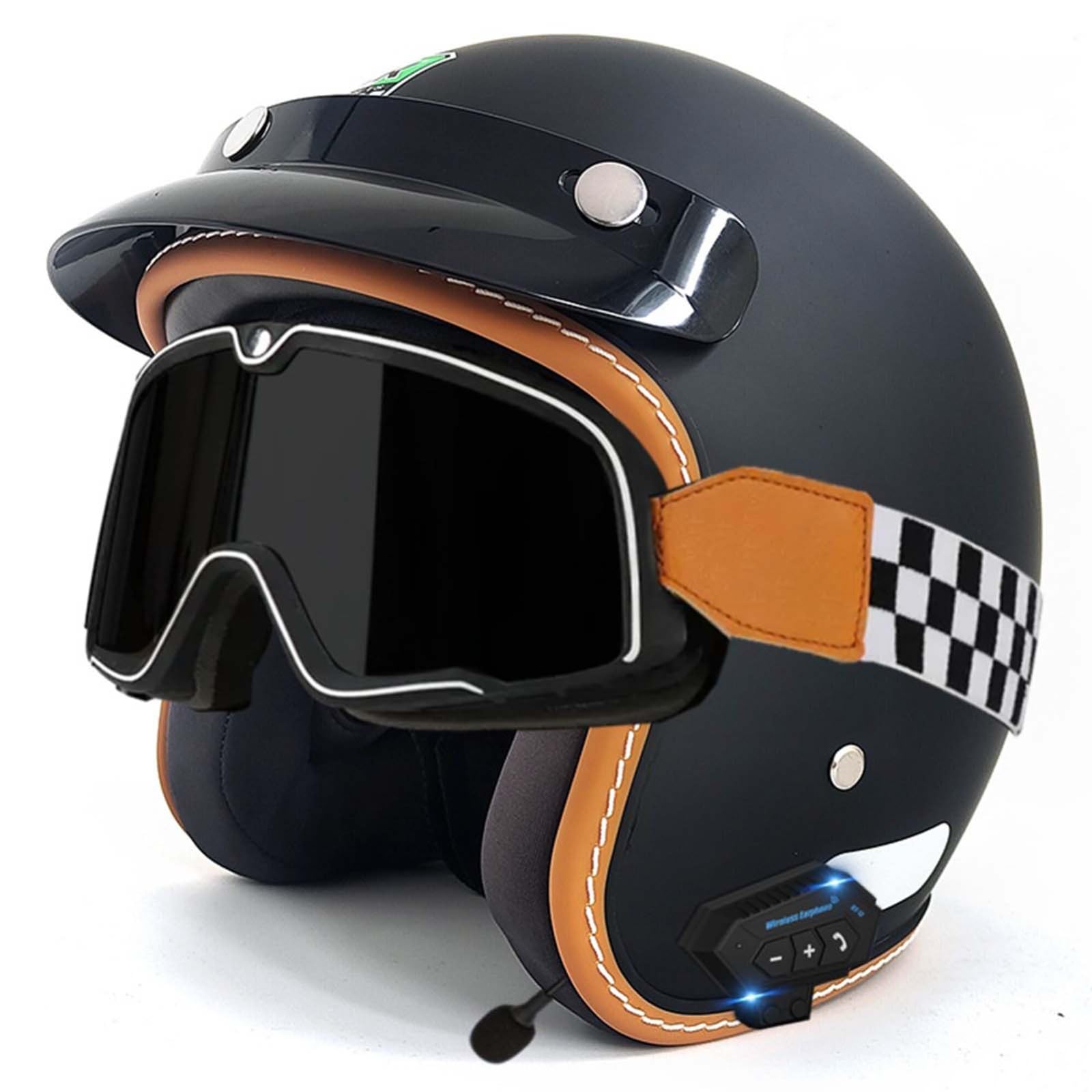 Open-Face-Helm Für Erwachsene, Bluetooth-Halbhelm, Leichter, Atmungsaktiver Retro-Scooter-Helm Mit Schnalle, DOT/ECE-Zulassung Für Männer Und Frauen C,XL61-62CM von BDBRHFG