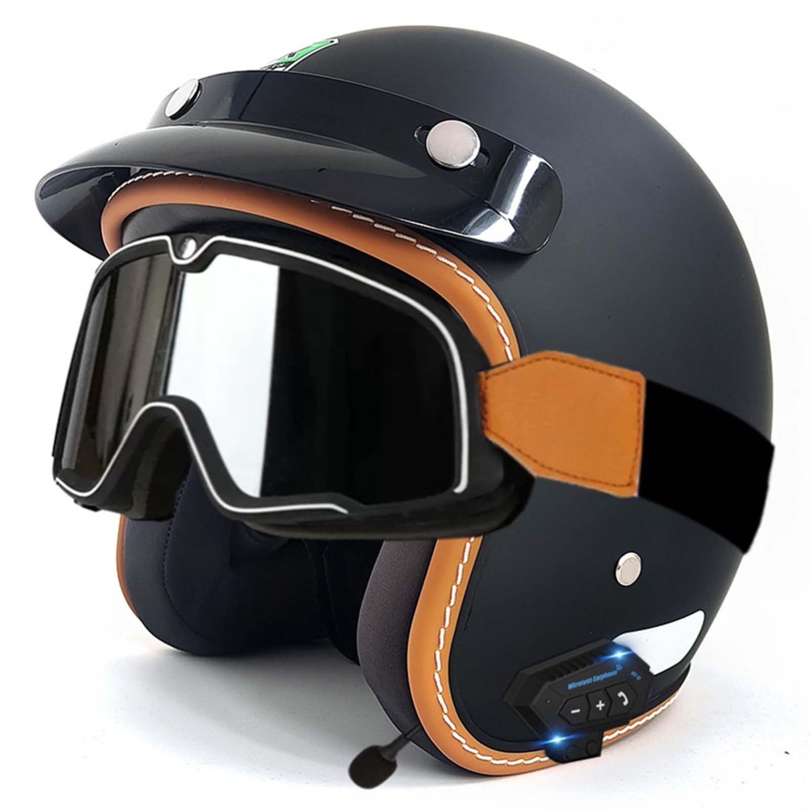 Open-Face-Helm Für Erwachsene, Bluetooth-Halbhelm, Leichter, Atmungsaktiver Retro-Scooter-Helm Mit Schnalle, DOT/ECE-Zulassung Für Männer Und Frauen D,XL61-62CM von BDBRHFG