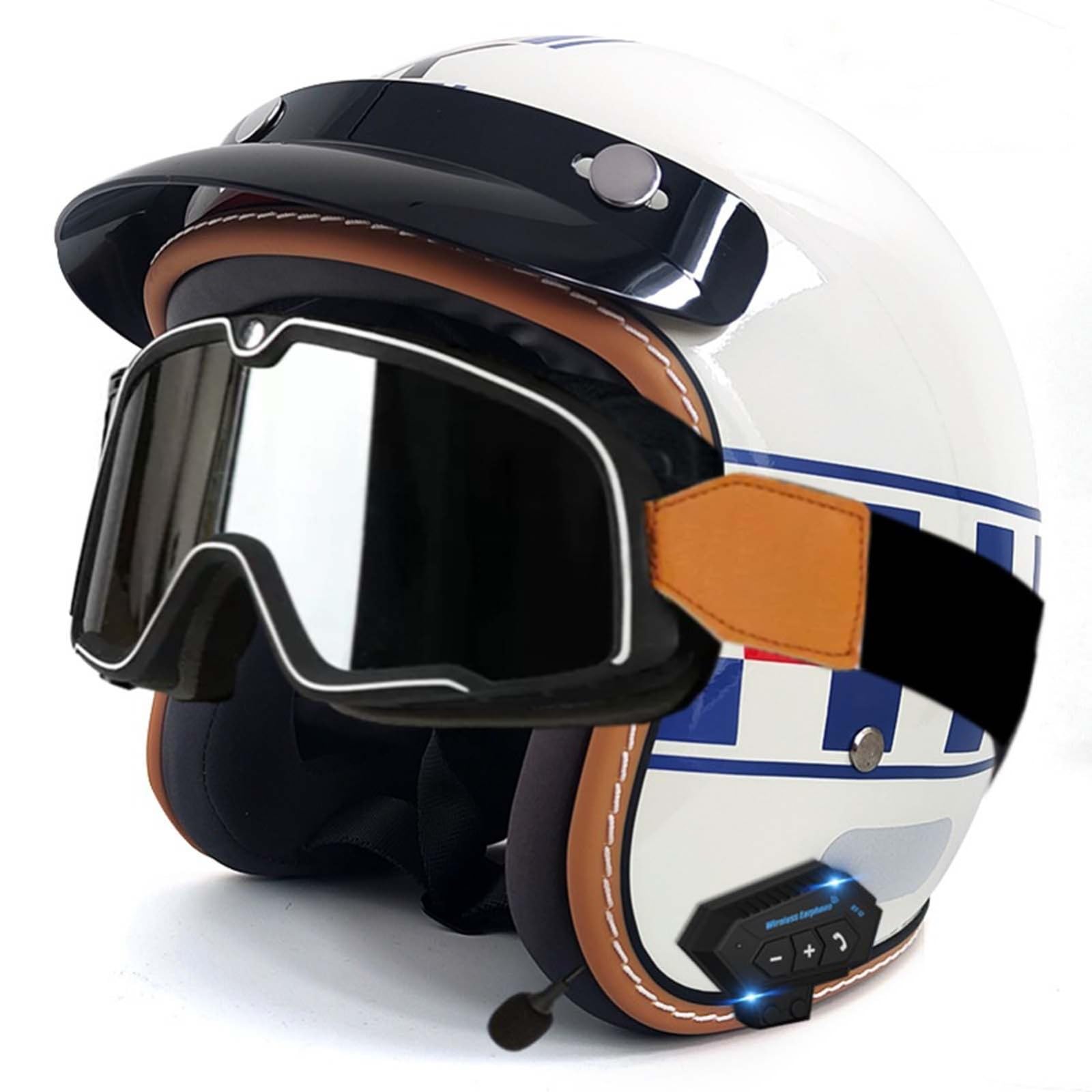 Open-Face-Helm Für Erwachsene, Bluetooth-Halbhelm, Leichter, Atmungsaktiver Retro-Scooter-Helm Mit Schnalle, DOT/ECE-Zulassung Für Männer Und Frauen E,L59-60CM von BDBRHFG