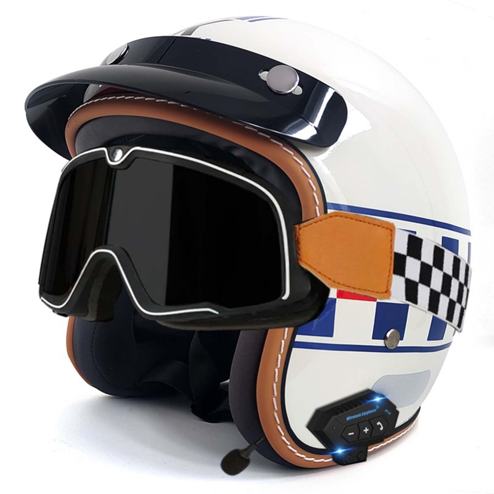 Open-Face-Helm Für Erwachsene, Bluetooth-Halbhelm, Leichter, Atmungsaktiver Retro-Scooter-Helm Mit Schnalle, DOT/ECE-Zulassung Für Männer Und Frauen F,M57-58CM von BDBRHFG