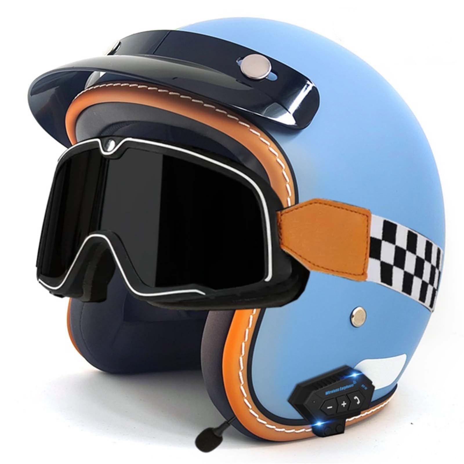 Open-Face-Helm Für Erwachsene, Bluetooth-Halbhelm, Leichter, Atmungsaktiver Retro-Scooter-Helm Mit Schnalle, DOT/ECE-Zulassung Für Männer Und Frauen G,M57-58CM von BDBRHFG