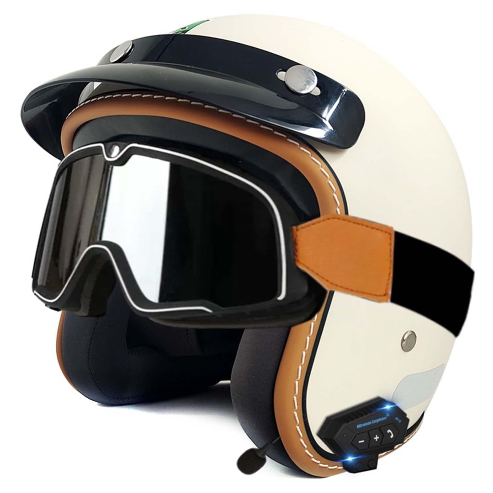 Open-Face-Helm Für Erwachsene, Bluetooth-Halbhelm, Leichter, Atmungsaktiver Retro-Scooter-Helm Mit Schnalle, DOT/ECE-Zulassung Für Männer Und Frauen I,L59-60CM von BDBRHFG