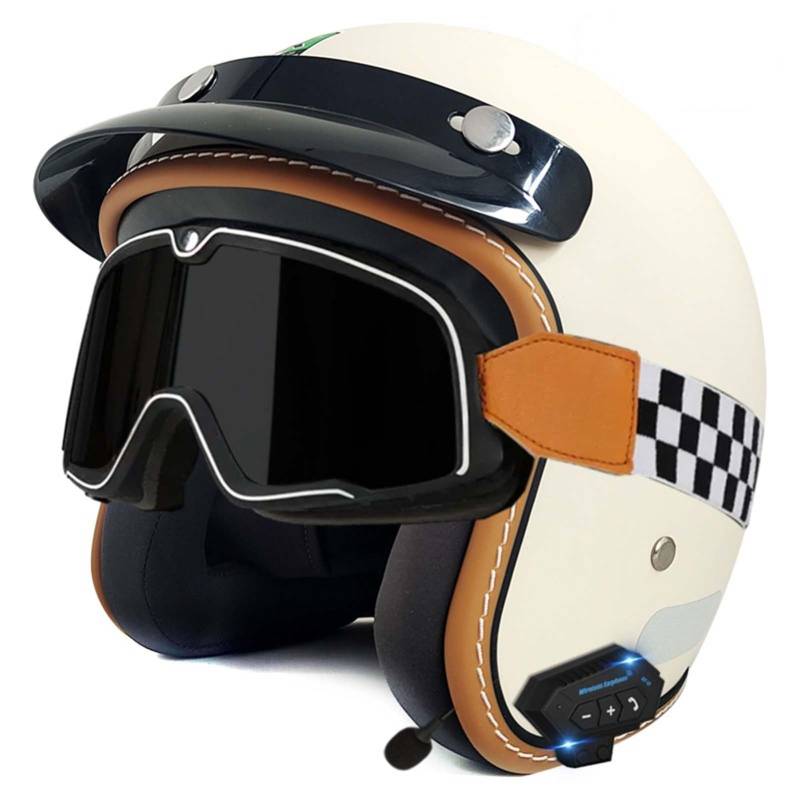 Open-Face-Helm Für Erwachsene, Bluetooth-Halbhelm, Leichter, Atmungsaktiver Retro-Scooter-Helm Mit Schnalle, DOT/ECE-Zulassung Für Männer Und Frauen L,L59-60CM von BDBRHFG