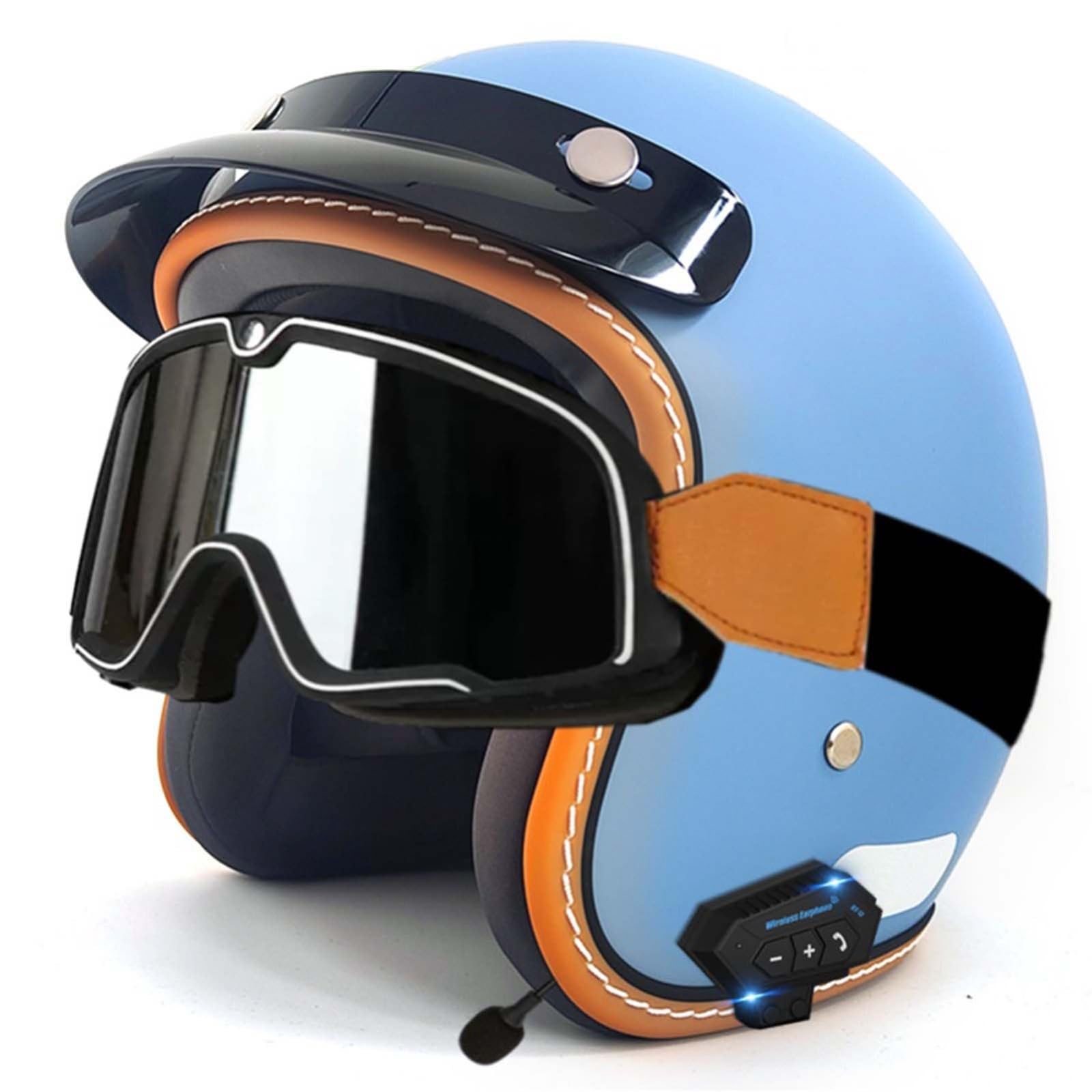 Open-Face-Helm Für Erwachsene, Bluetooth-Halbhelm, Leichter, Atmungsaktiver Retro-Scooter-Helm Mit Schnalle, DOT/ECE-Zulassung Für Männer Und Frauen V,L59-60CM von BDBRHFG