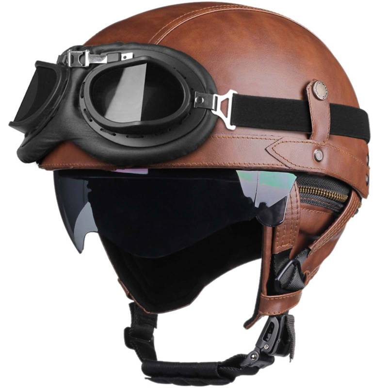 Retro-Halbhelmkappe Für Motorradfahrer Aus Leder Für Erwachsene Männer Frauen, ECE-Zertifizierter Vintage-Halbschalenhelm Mit Offenem Gesicht Für Cruiser-Scooter D,XL59-60CM von BDBRHFG