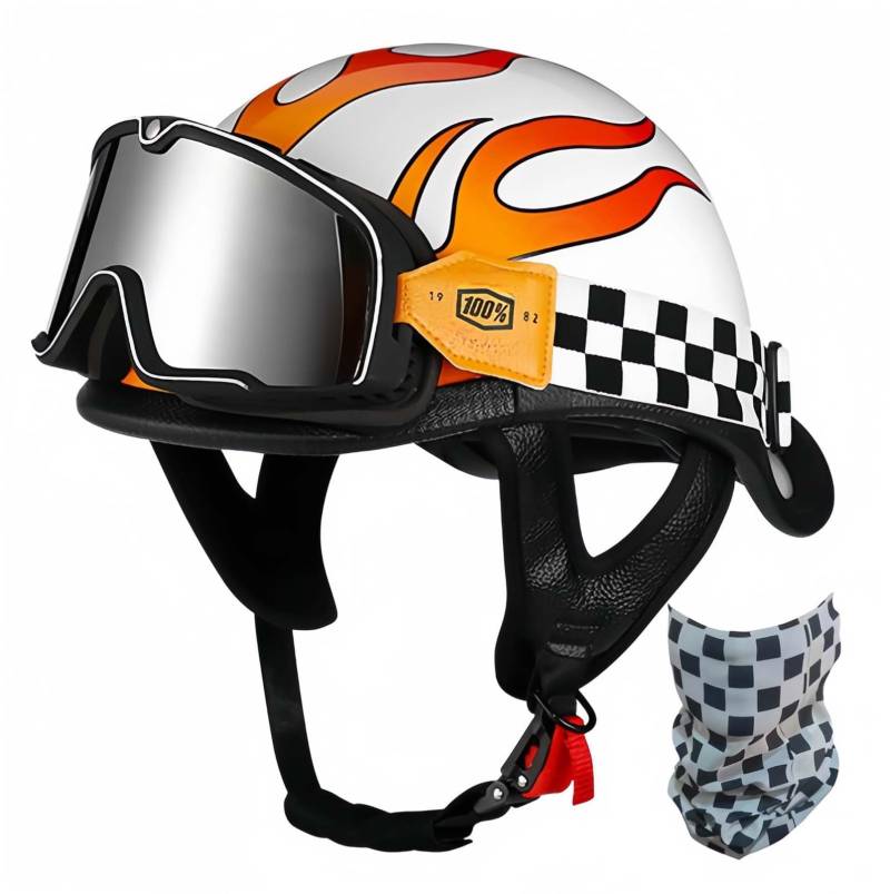 Retro-Motorrad-Halbhelm, Retro-Kappe, ECE-Zertifizierter Helm, Cruiser-Roller-Fahrer, Integrierter Helm, Unisex-Schnellverschluss-Helm C,S52-53CM von BDBRHFG