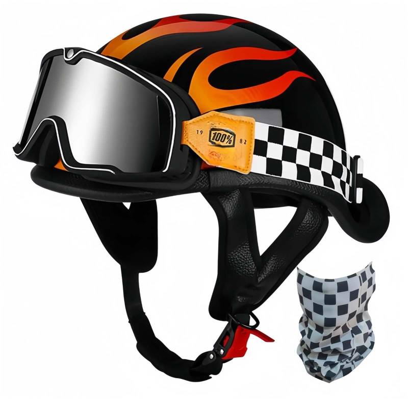 Retro-Motorrad-Halbhelm, Retro-Kappe, ECE-Zertifizierter Helm, Cruiser-Roller-Fahrer, Integrierter Helm, Unisex-Schnellverschluss-Helm D,L57-58CM von BDBRHFG