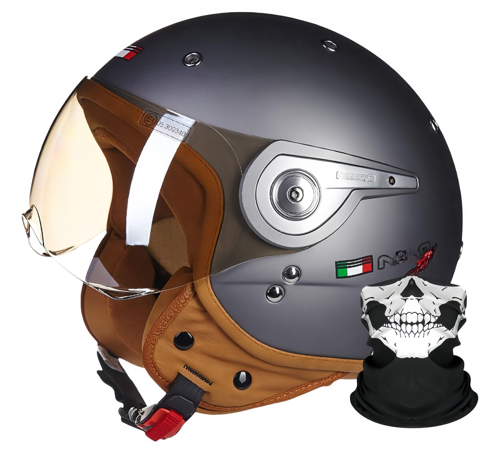 Vintage Motorrad Jethelme, Open Face Helm Vintage Roller Helm Für Damen Herren, ECE Zertifiziert Halbhelm Mit Sonnenblende ,Jet-Helm Für Cruiser C,L58-59CM von BDBRHFG