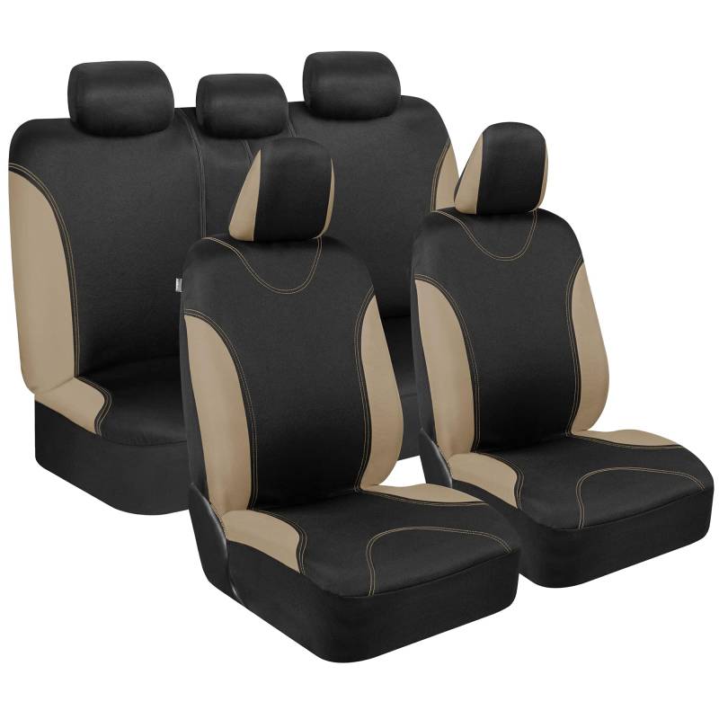 BDK os-334-bg AMJ beige Besatz schwarz Autositzbezüge Full 9pc Set-Sleek und stylish-Split Option 5 Kopfstützen vorne und hinten Bench, Schwarz/Beige von BDK