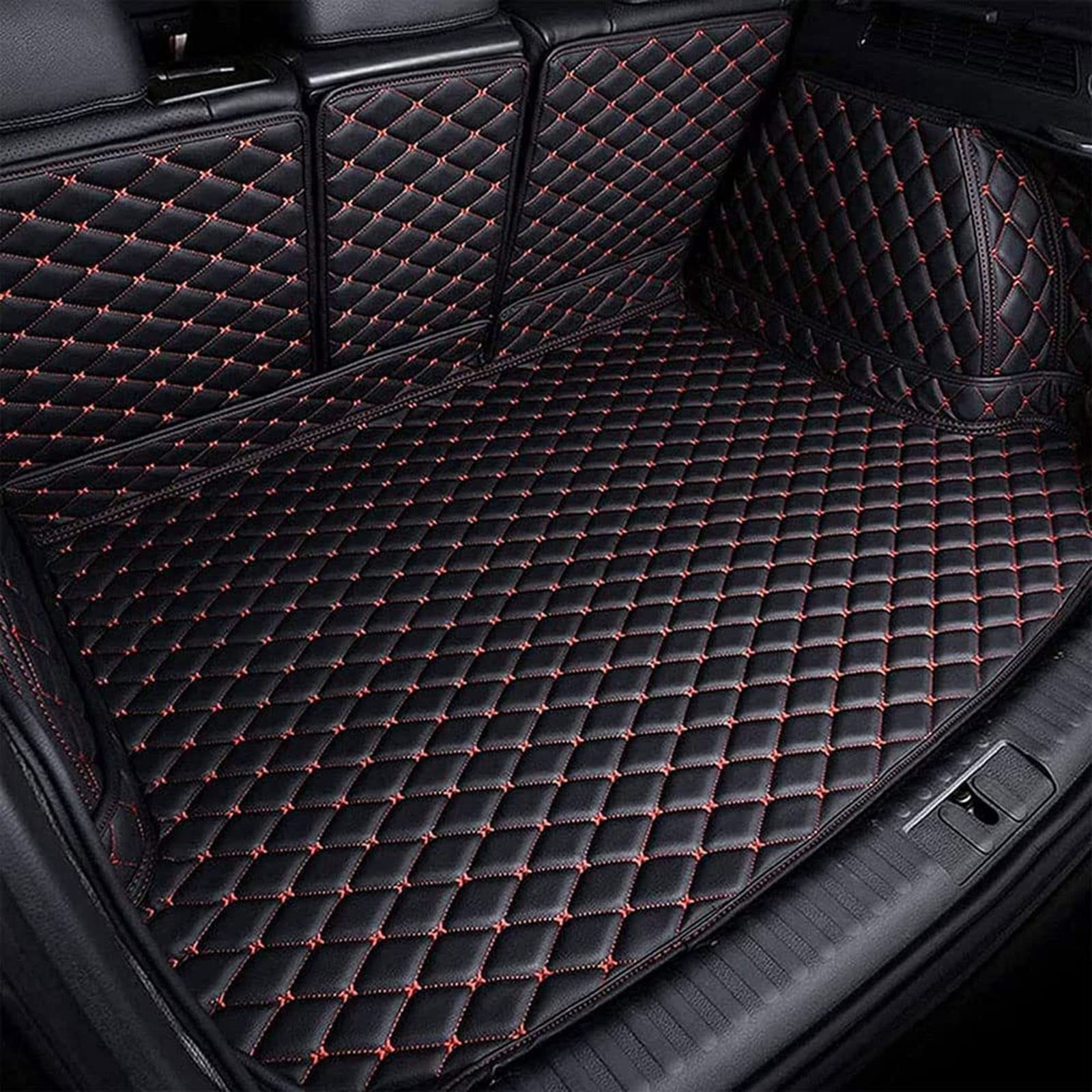 Auto Leder Kofferraum Matte für V-W Ti-guan II Allspace 2017-2022, Auto Benutzerdefinierte All Inclusive Leders Gepäc Kraumeinlage Kofferraumschutz Tray Zubehö (5 Seat, Black-Red) von BEABAG