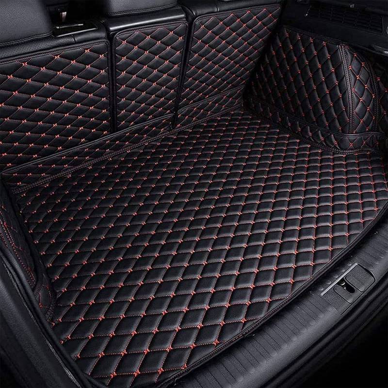 Auto Leder Kofferraum Matte für V-W Ti-guan II Allspace 2017-2022, Auto Benutzerdefinierte All Inclusive Leders Gepäc Kraumeinlage Kofferraumschutz Tray Zubehö (5 Seat, Black-Red) von BEABAG