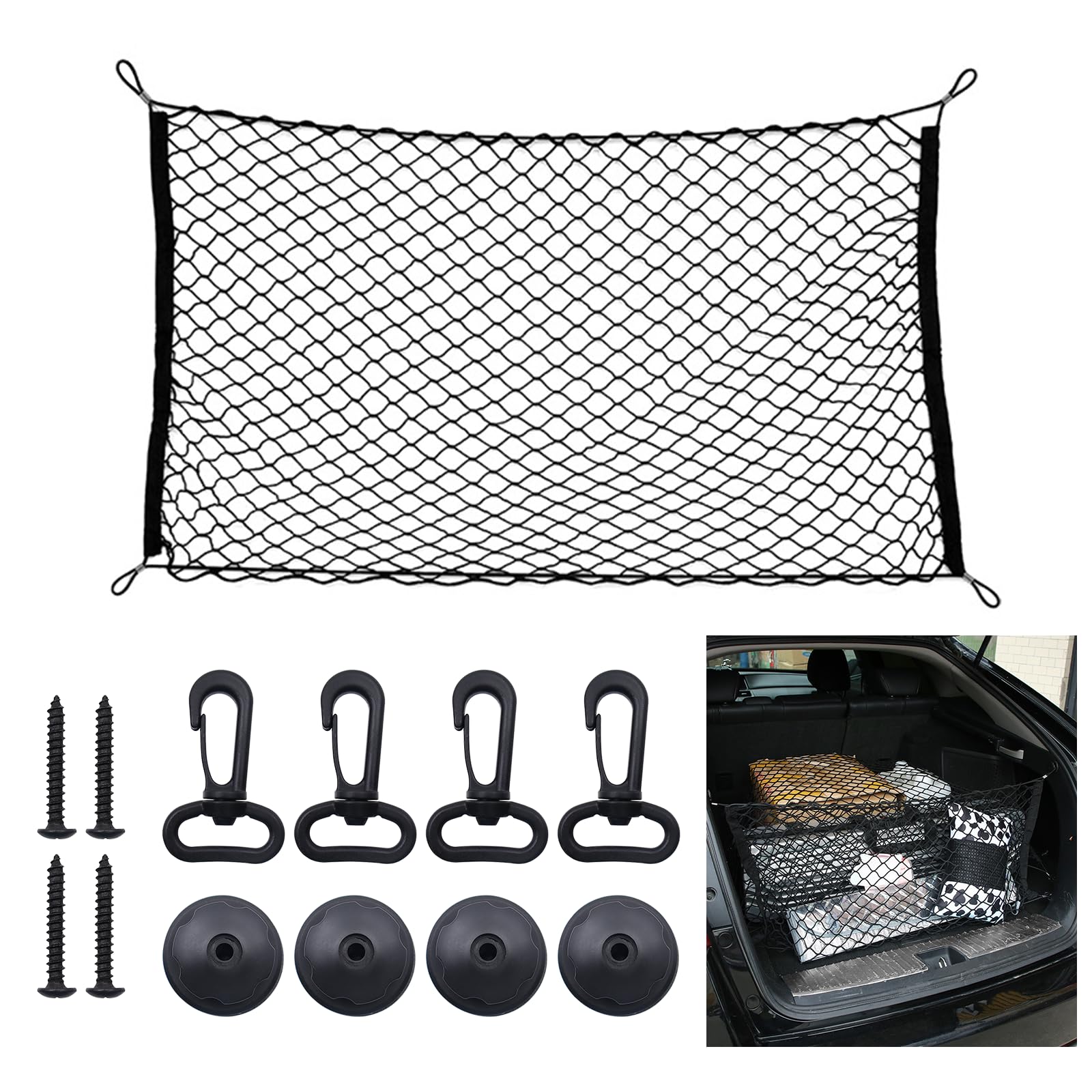 BEELUKY Gepäcknetz Auto Kofferraumnetz 110x60cm Hochelastisches Gepäcknetz Erstreckt Sich auf 220x120cm Kofferraum Netz mit 4 Haken Kofferraumnetz Auto Organizer für Meisten Fahrzeugtypen von BEELUKY