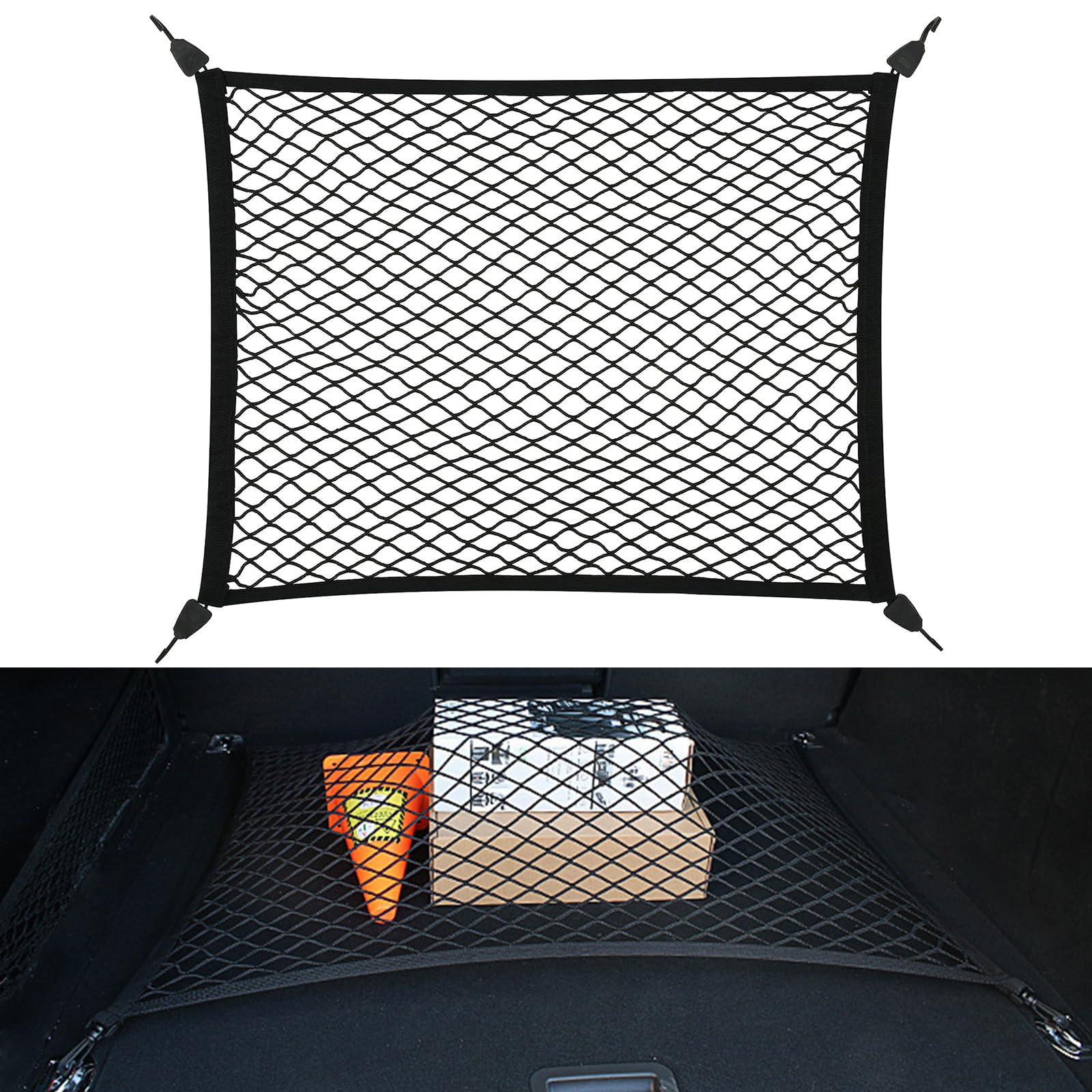 BEELUKY Kofferraumnetz Gepäcknetz Auto 80x60cm Erstreckt Sich auf 200x110cm Kofferraum Gepäcknetz mit 4 Haken Super Elastisch Universal Kofferraum Netz für die Meisten Autos SUV Wohnwagen von BEELUKY