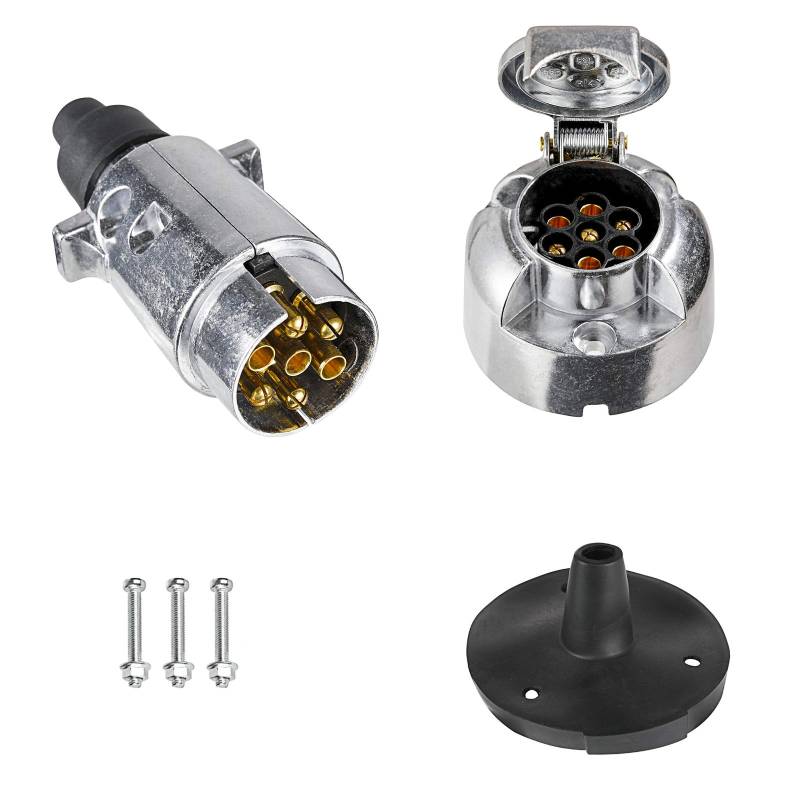 BEIJISTAR Anhängerstecker & Anhängersteckdose 7 Polig Metall mit Gummidichtung, 12V Wasserdichter 7 Poliger Anhängerstecker und Steckdose, für LKW RV Autos Boot Anhänger Zubehör (Aluminiumlegierung) von BEIJISTAR