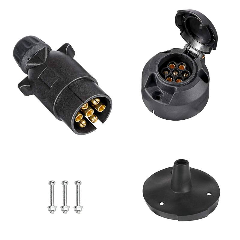 BEIJISTAR Anhängerstecker 7 Polig & Anhängersteckdose 7 Polig mit Gummidichtung, 12V Wasserdichter 7 Poliger Anhängerstecker und Steckdose, für LKW RV Autos Boot Anhänger Zubehör (Schraubende) von BEIJISTAR