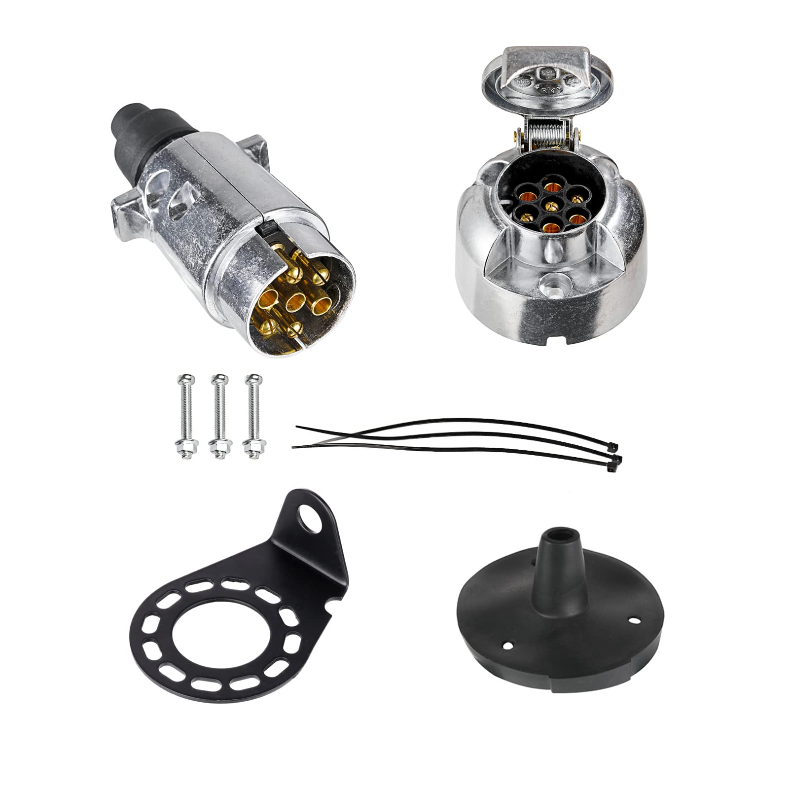 BEIJISTAR Anhängerstecker & Steckdose 7 Polig Metall mit Gummidichtung und Metallhalterung, 12V Wasserdichter 7 Poliger Anhängerstecker und Steckdose, für LKW RV Anhänger Zubehör (Aluminiumlegierung) von BEIJISTAR