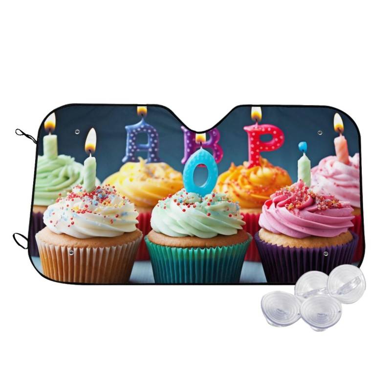 Bunte Windschutzscheiben-Sonnenschutz mit Aufschrift "Happy Birthday", bedruckt mit Cupcakes, UV-Schutz, niedlicher Sonnenschutz, für LKW, SUV, Größe M von BEIVGOXL