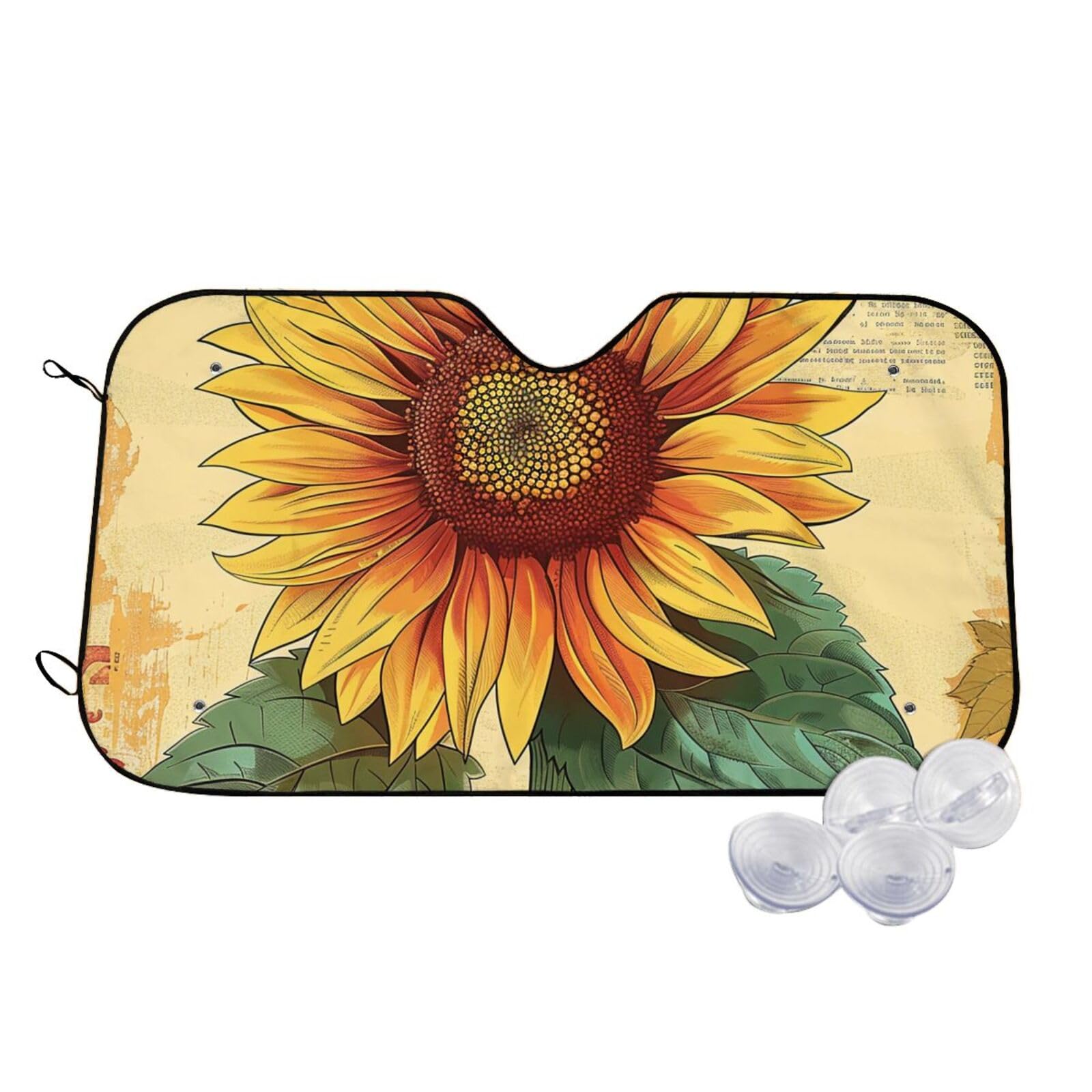 Retro Sonnenblume gedruckt Auto Windschutzscheibe Sonnenschutz blockiert UV-Strahlen, Auto Frontscheibe Sonnenschutz Niedliche Sonnenblende Schutz Auto Fenster Schatten für LKW SUV Medium von BEIVGOXL