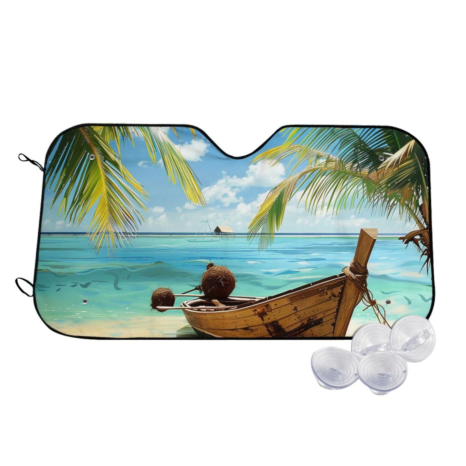 Seaside Boat Coconut Leaves Printed Car Windshield Sun Shade Blocks UV Rays, Car Front Window Sunshade Cute Sun Visor Protector Car Window Shades for Truck SUV Small von BEIVGOXL