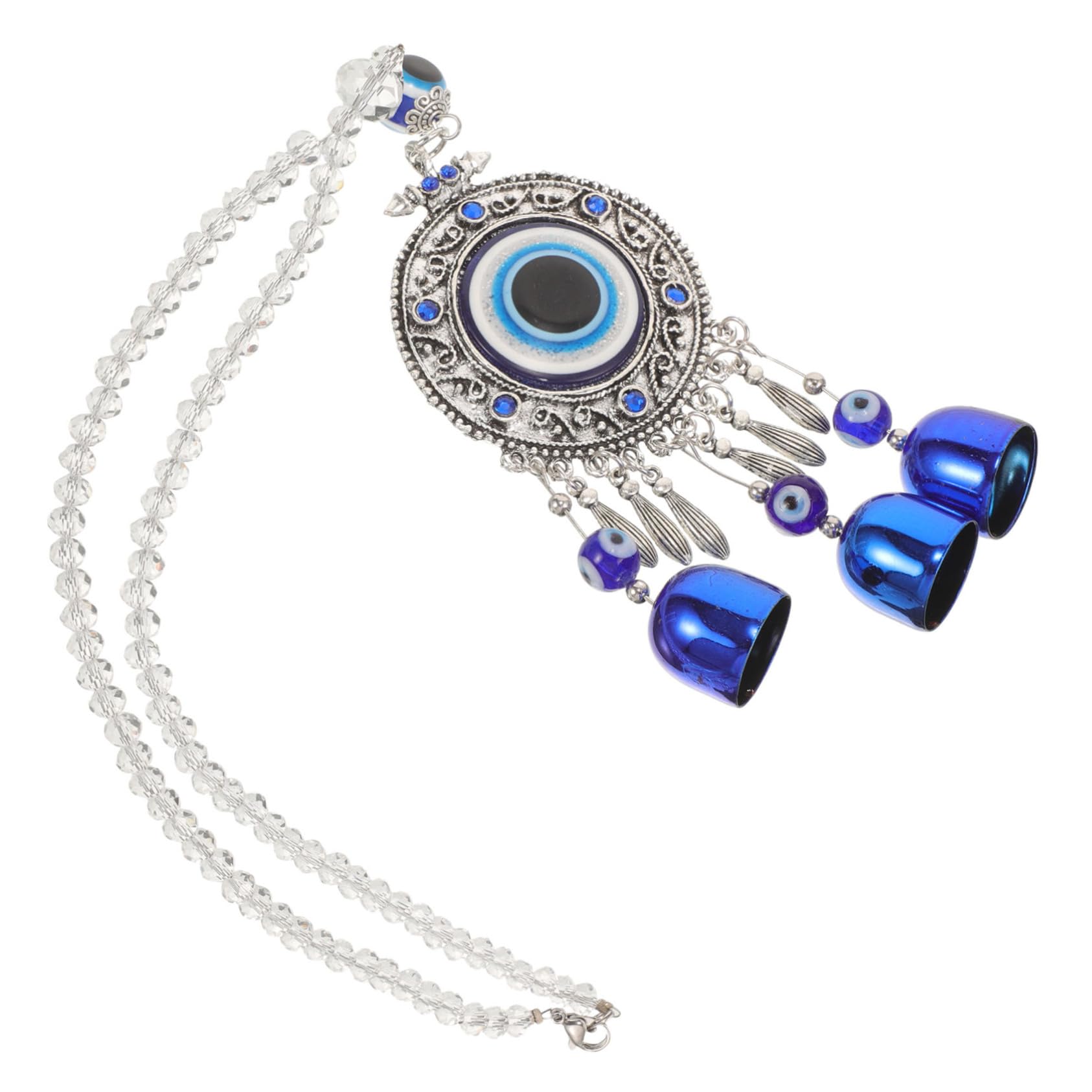 BELLIFFY Evil Eye Auto Hängedekoration Windspiel Mit Blauem Bösen Blick Für Rückspiegel Vintage Autozubehör Mit Rundem Blauen Glöckchen Glücksbringer Fürs Auto von BELLIFFY