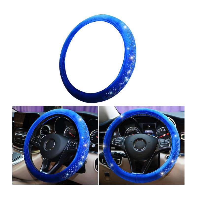 BELOMI Bling Auto Lenkradbezug Weicher Samt Kristall Strass Lenkradschoner Universal 15 Zoll Flauschig für Winter Warm Niedlich Auto Innenraum Zubehör für Frauen Mädchen (Blau) von BELOMI