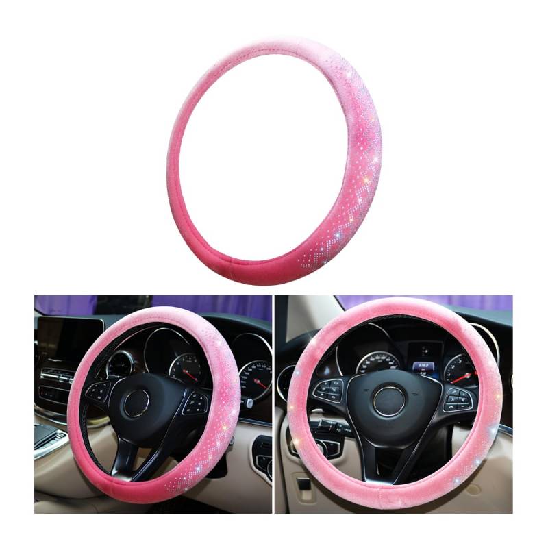 BELOMI Bling Auto Lenkradbezug Weicher Samt Kristall Strass Lenkradschoner Universal 15 Zoll Flauschig für Winter Warm Niedlich Auto Innenraum Zubehör für Frauen Mädchen (Rosa) von BELOMI