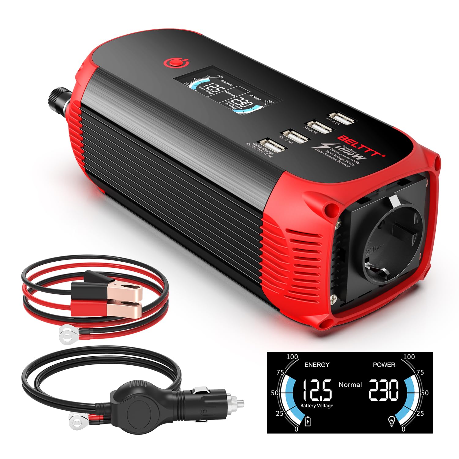 BELTTT 500W Wechselrichter 12v auf 230v, 1000W Spitze Spannungswandler 12V 230V mit EU-Steckdose, 4 USB-Anschlüssen und LCD-Digitalanzeige für Auto, Wohnwagen, Boot, Camping von BELTTT